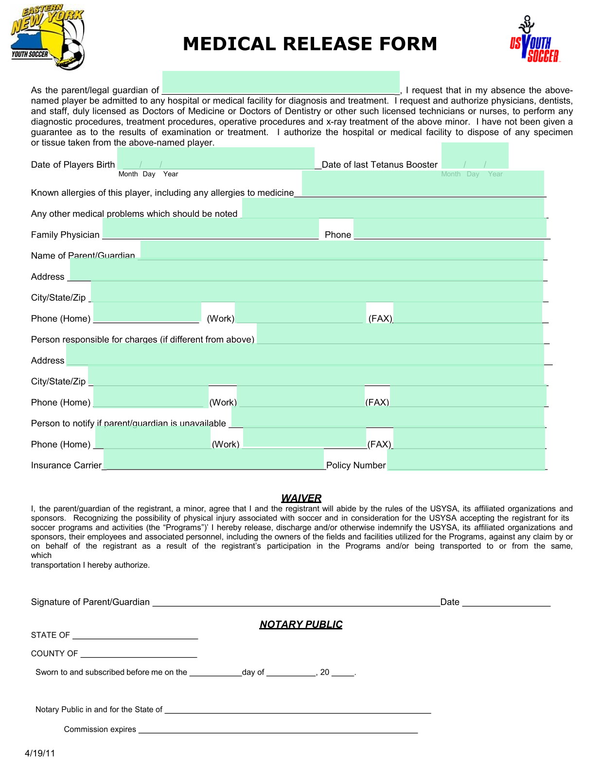Medical Release Form screenshot