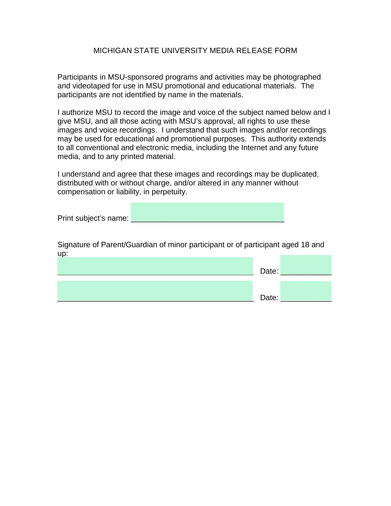 Michigan State University Media Release Form screenshot
