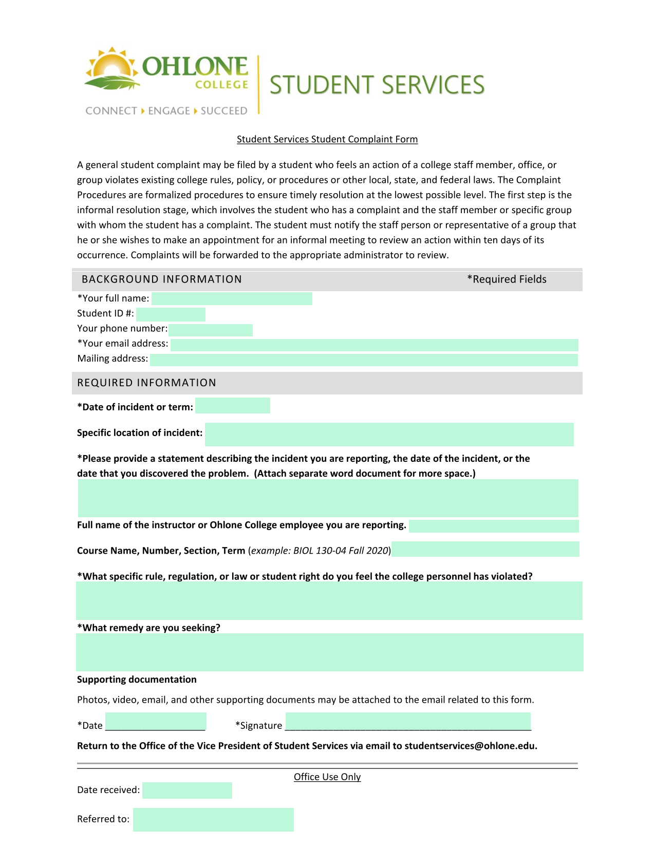Student Complaint Form screenshot