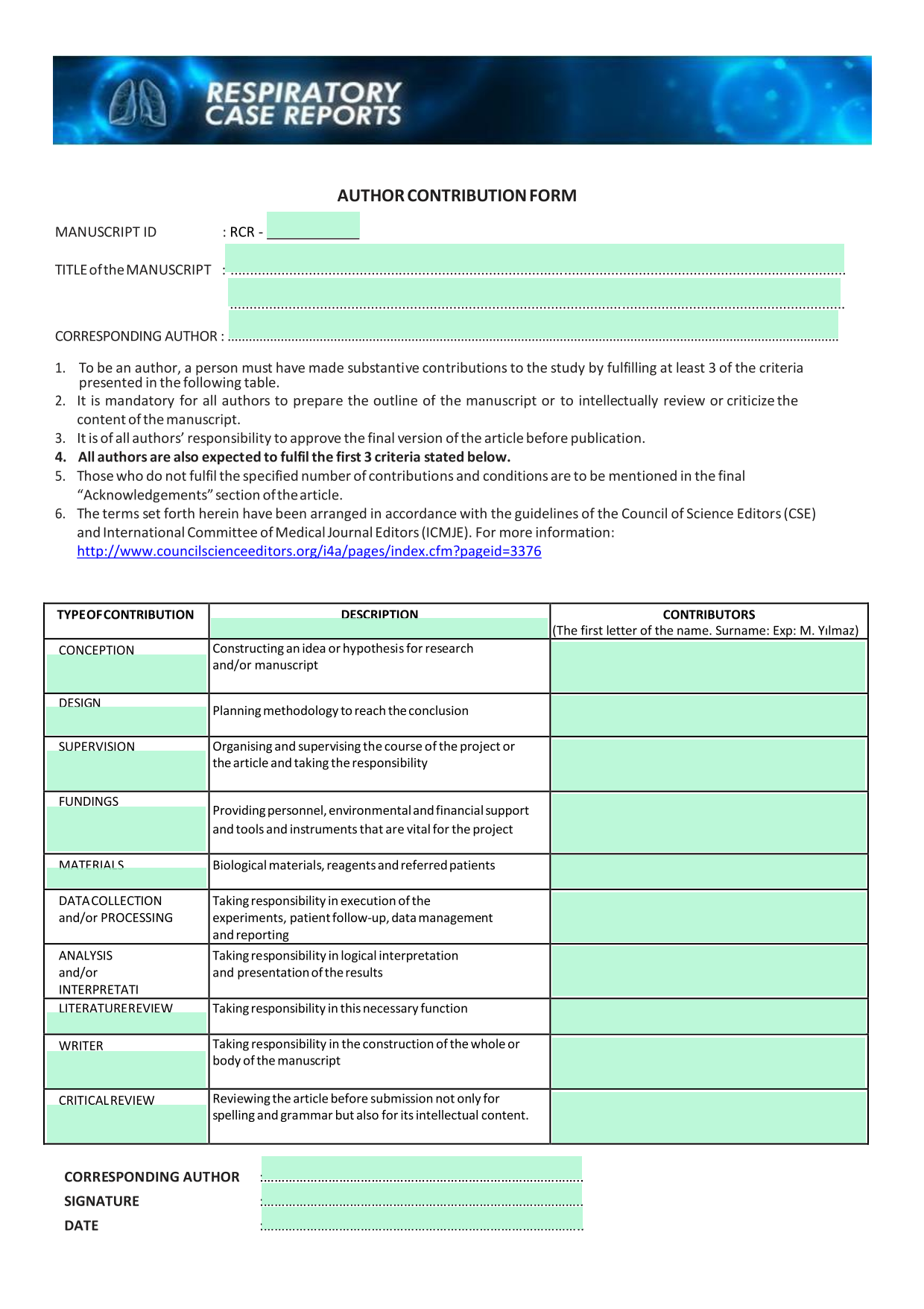 AUTHOR CONTRIBUTION FORM screenshot