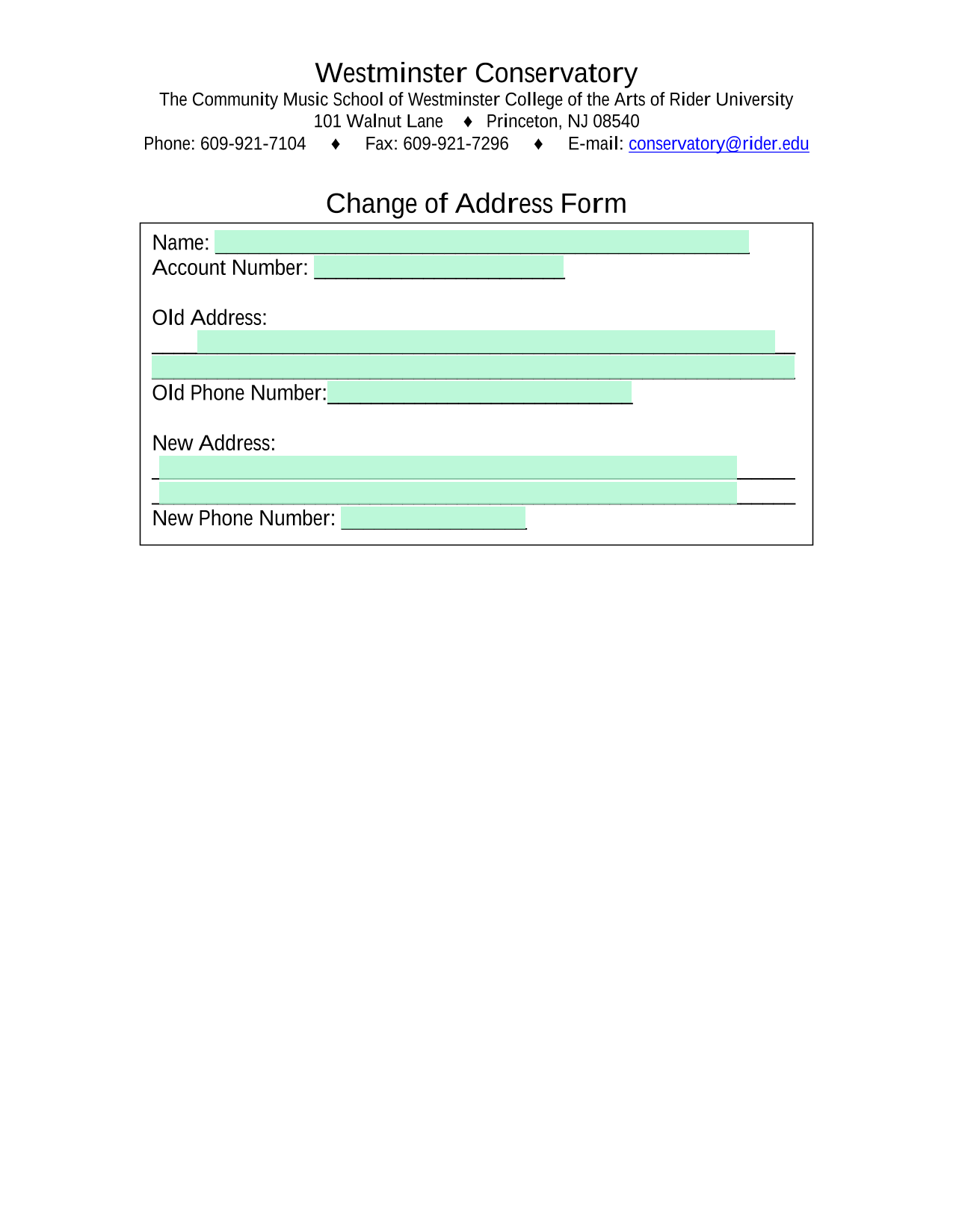 Change Of Address Form screenshot