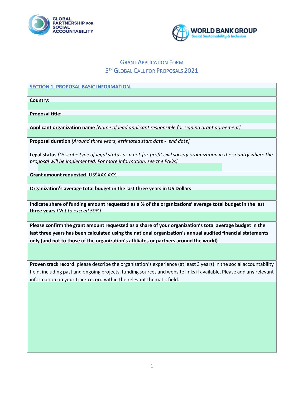 GRANT APPLICATION FORM screenshot