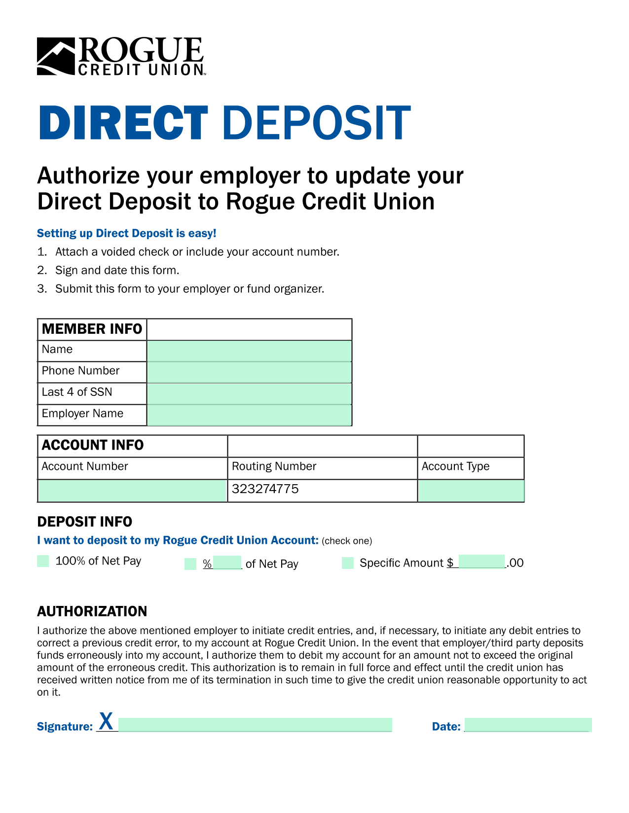 Direct Deposit Authorization Form screenshot