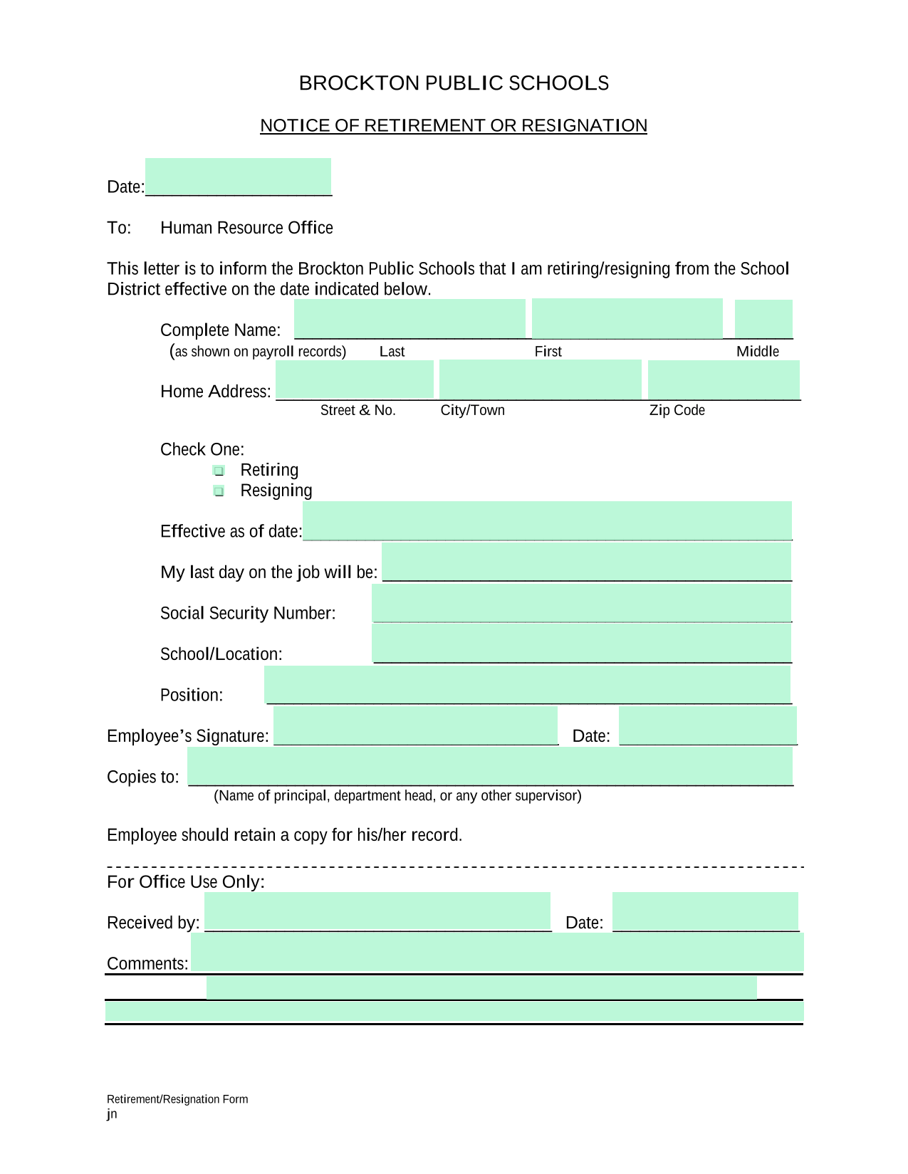 RetirementResignation Form screenshot