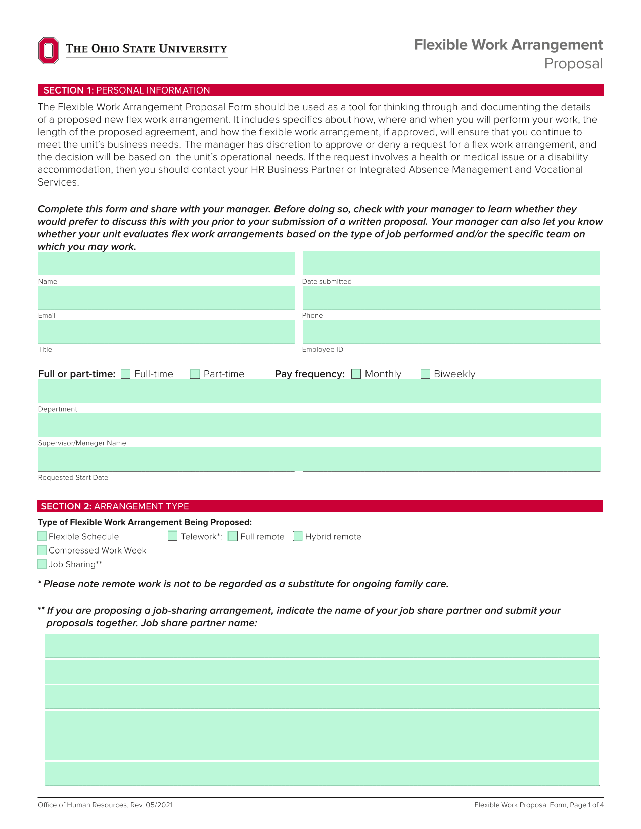Flexible Work Proposal Form screenshot