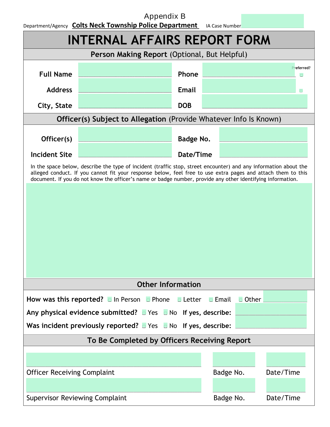 Internal Affairs Report Form screenshot