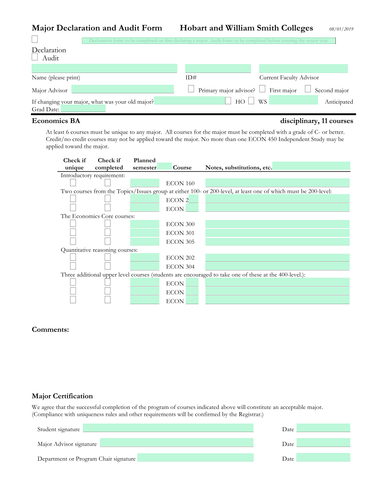 Major Declaration And Audit Form screenshot
