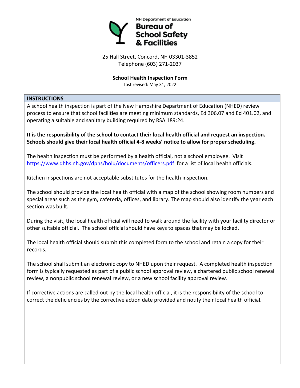 School Health Inspection Form screenshot