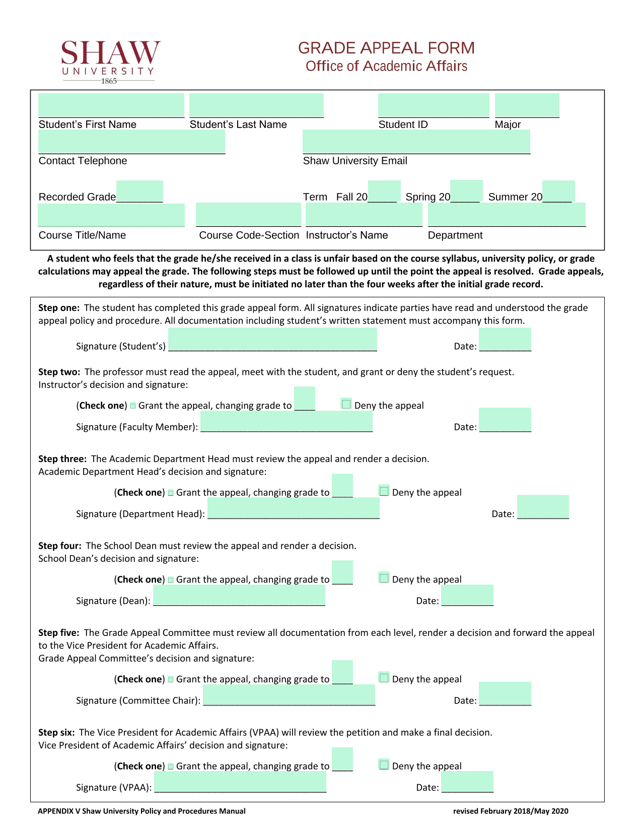 GRADE APPEAL FORM screenshot