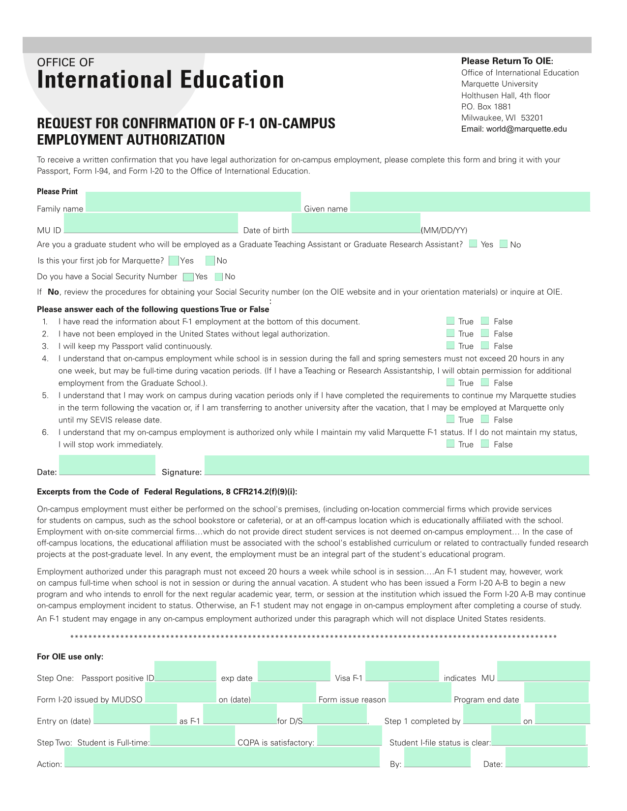 On Campus Employment Authorization Form screenshot