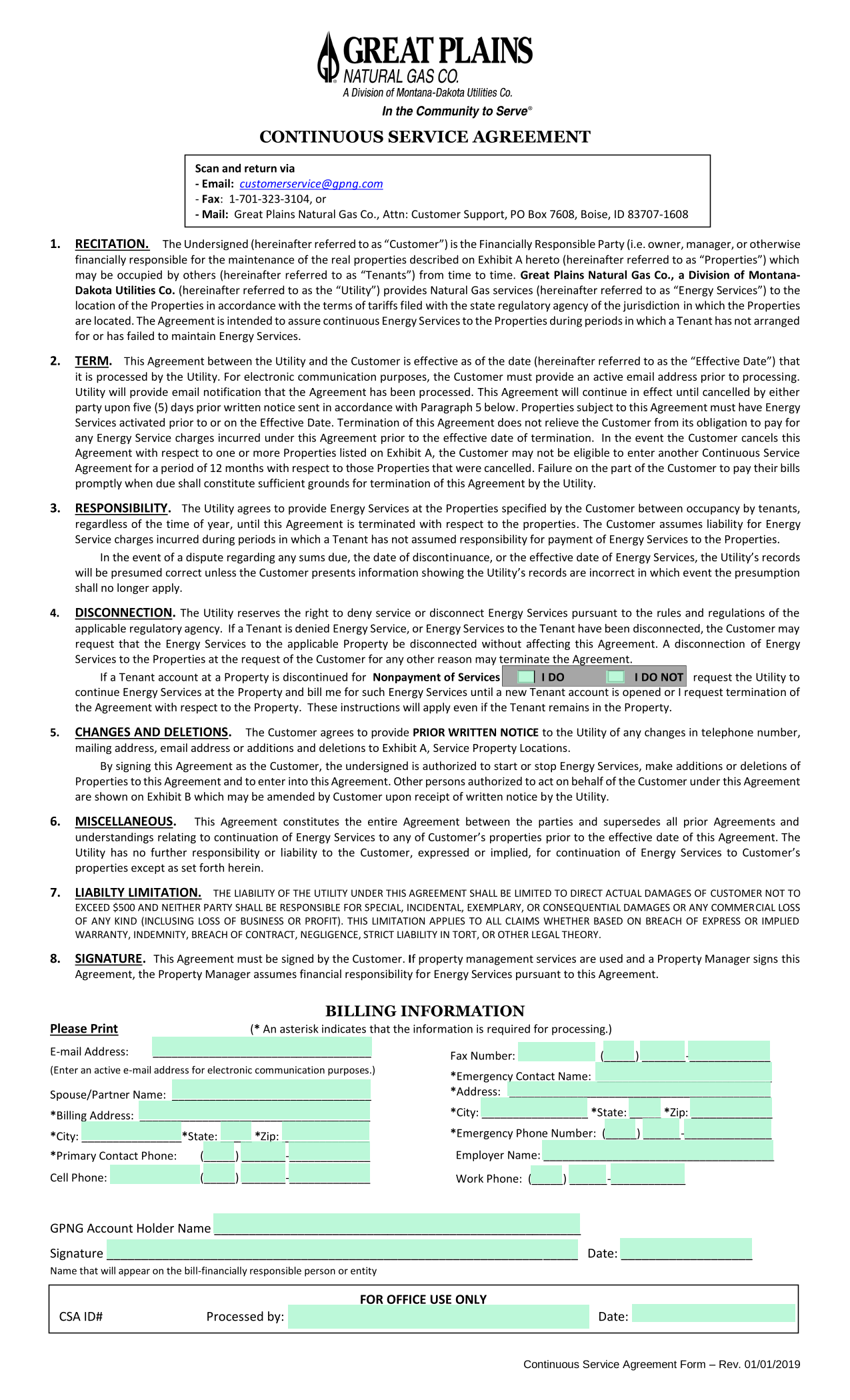Continuous Service Agreement Form screenshot
