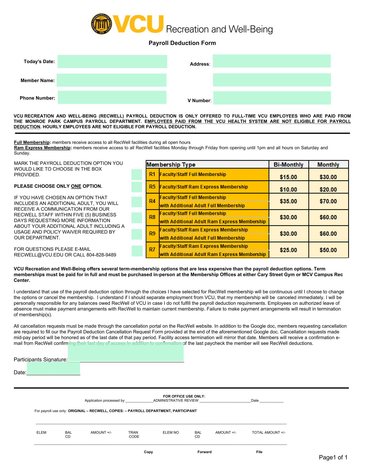 Payroll Deduction Form screenshot