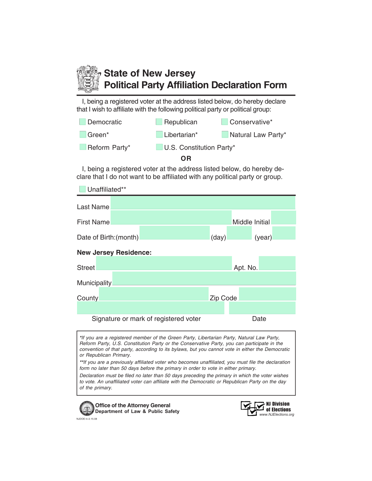 Political Party Affiliation Declaration Form screenshot