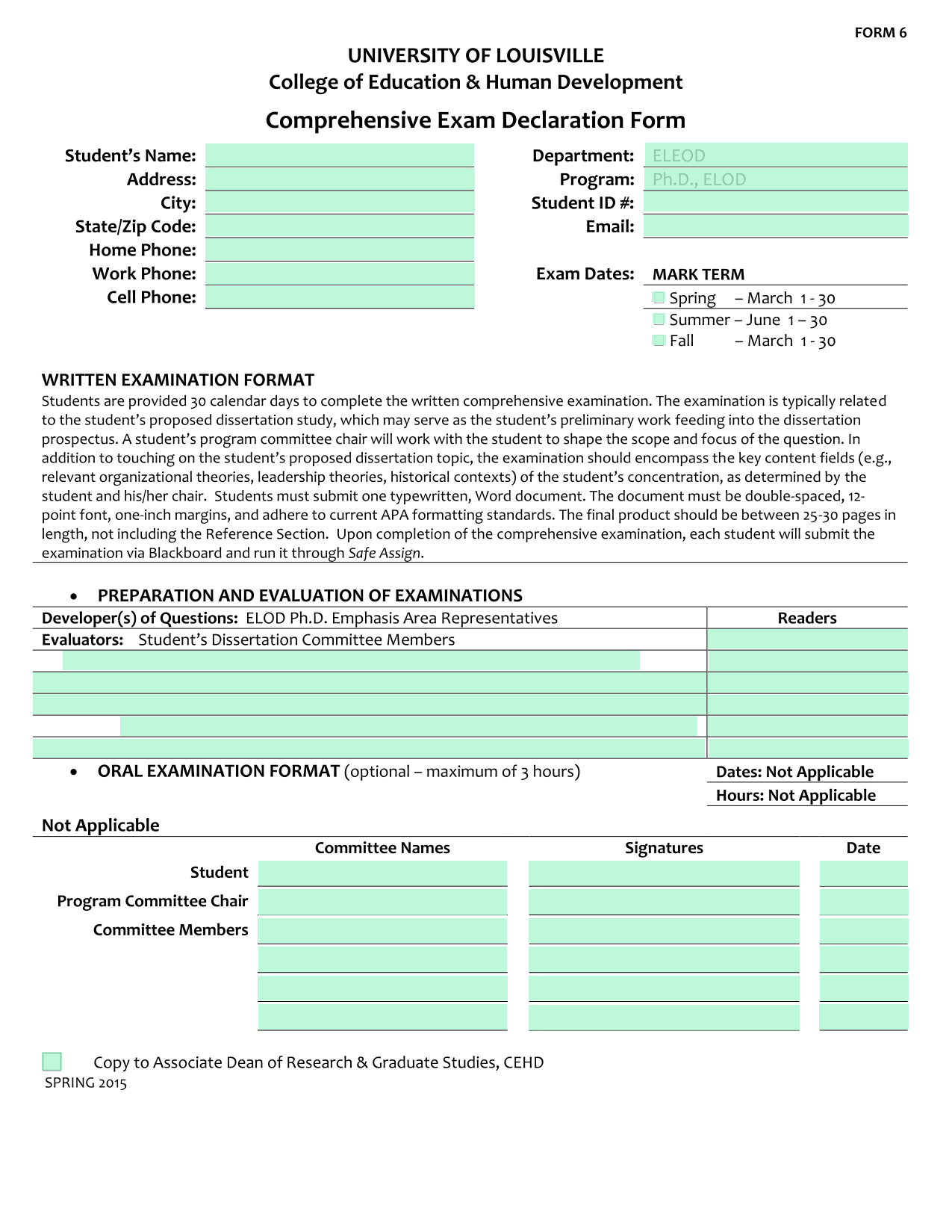Comprehensive Exam Declaration Form screenshot