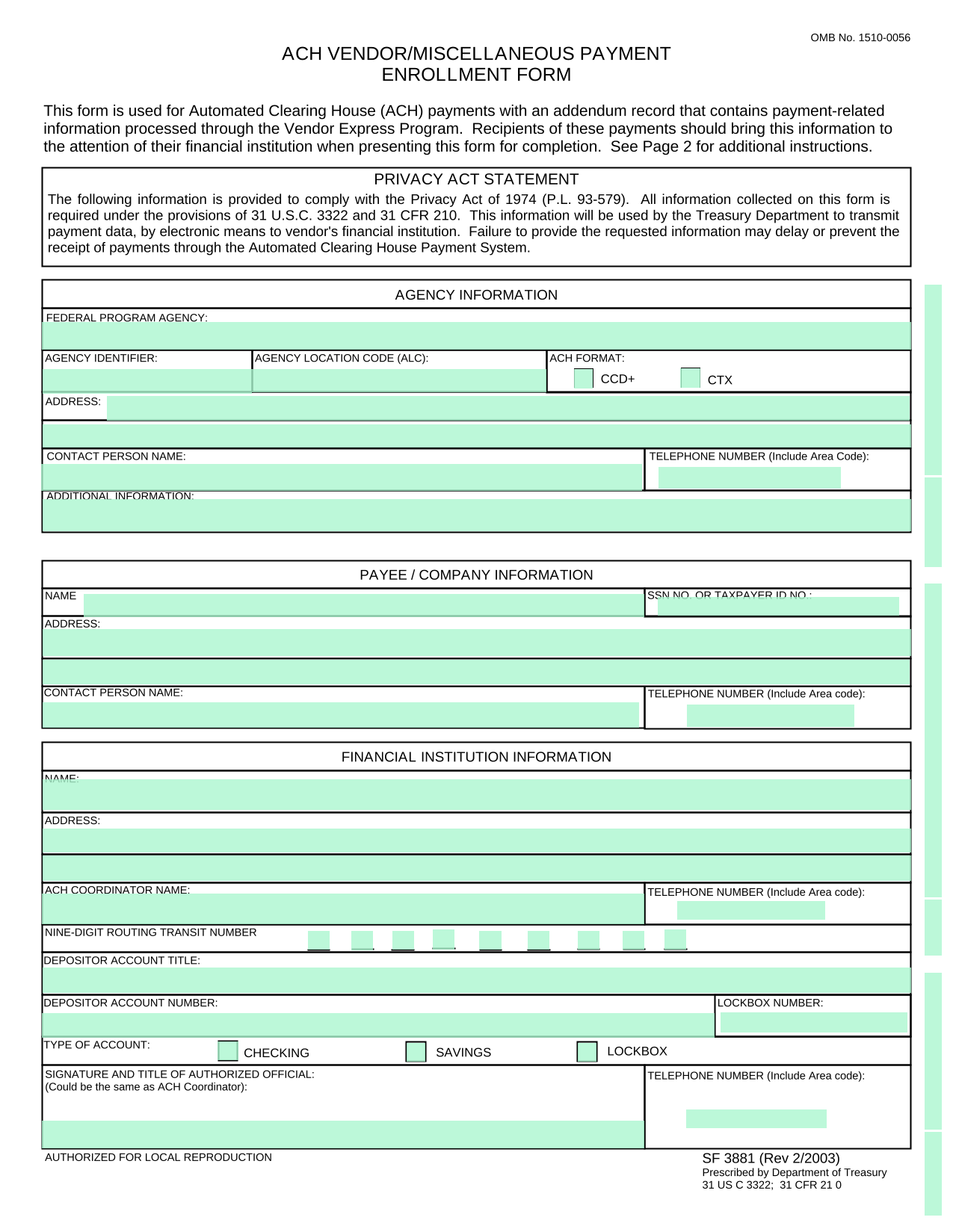 ACH VENDORMISCELLANEOUS PAYMENT ENROLLMENT FORM screenshot