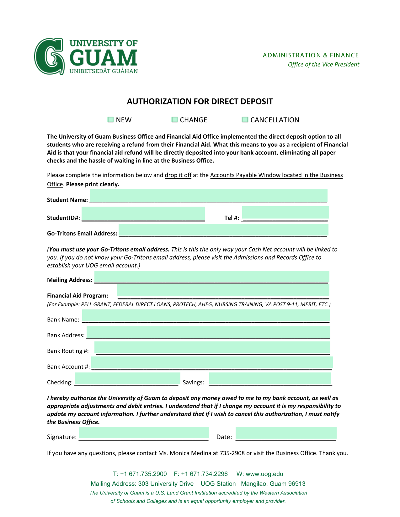 Authorization For Direct Deposit screenshot
