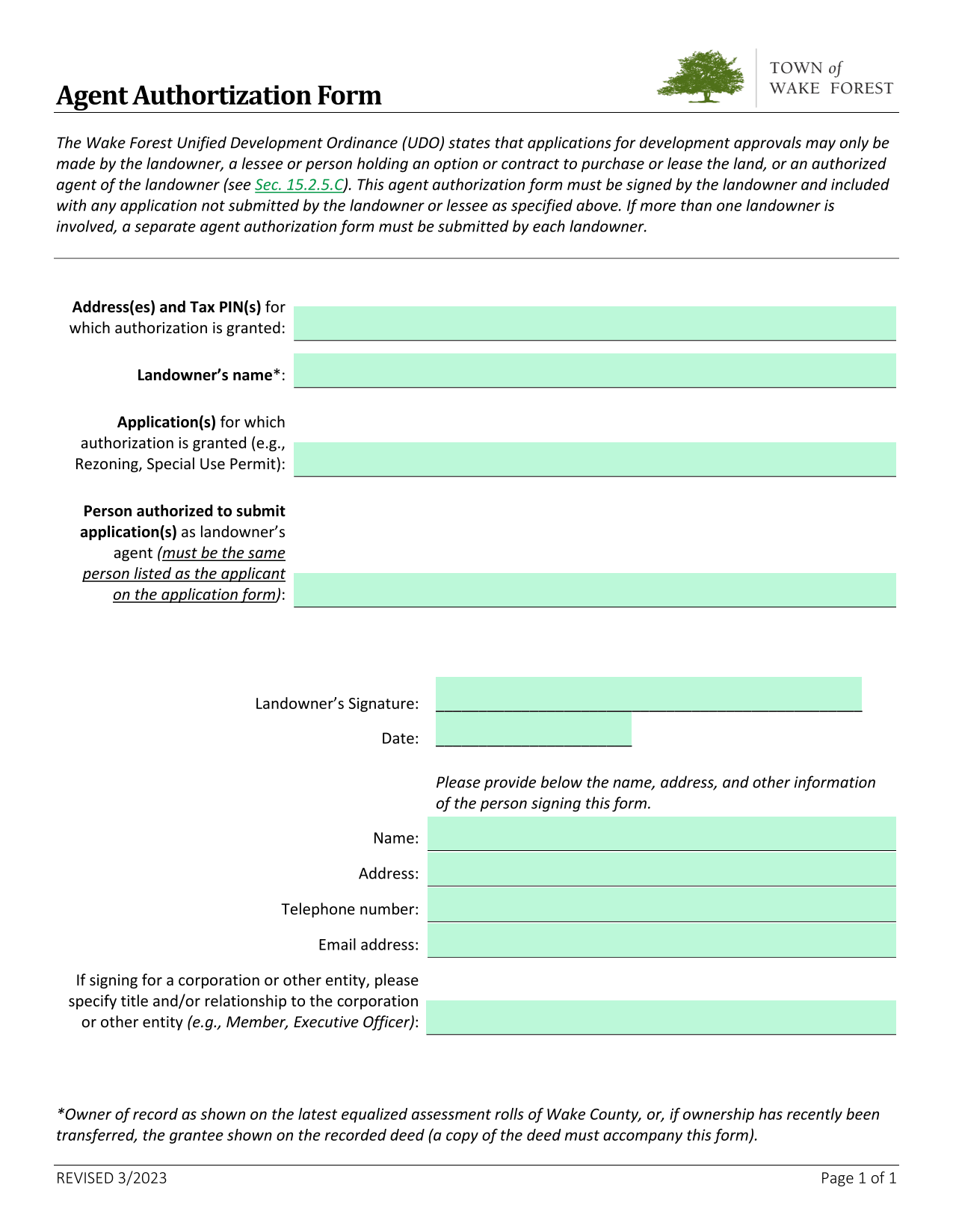 Agent Authorization Form screenshot