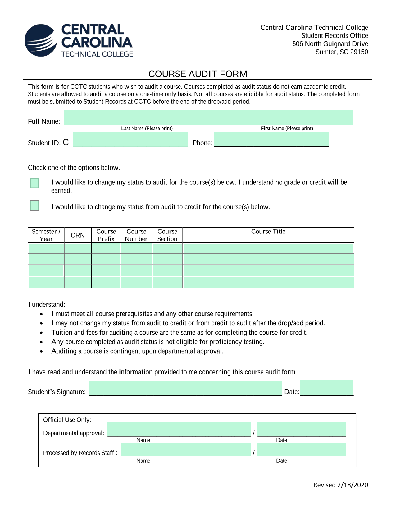 Course Audit Form screenshot
