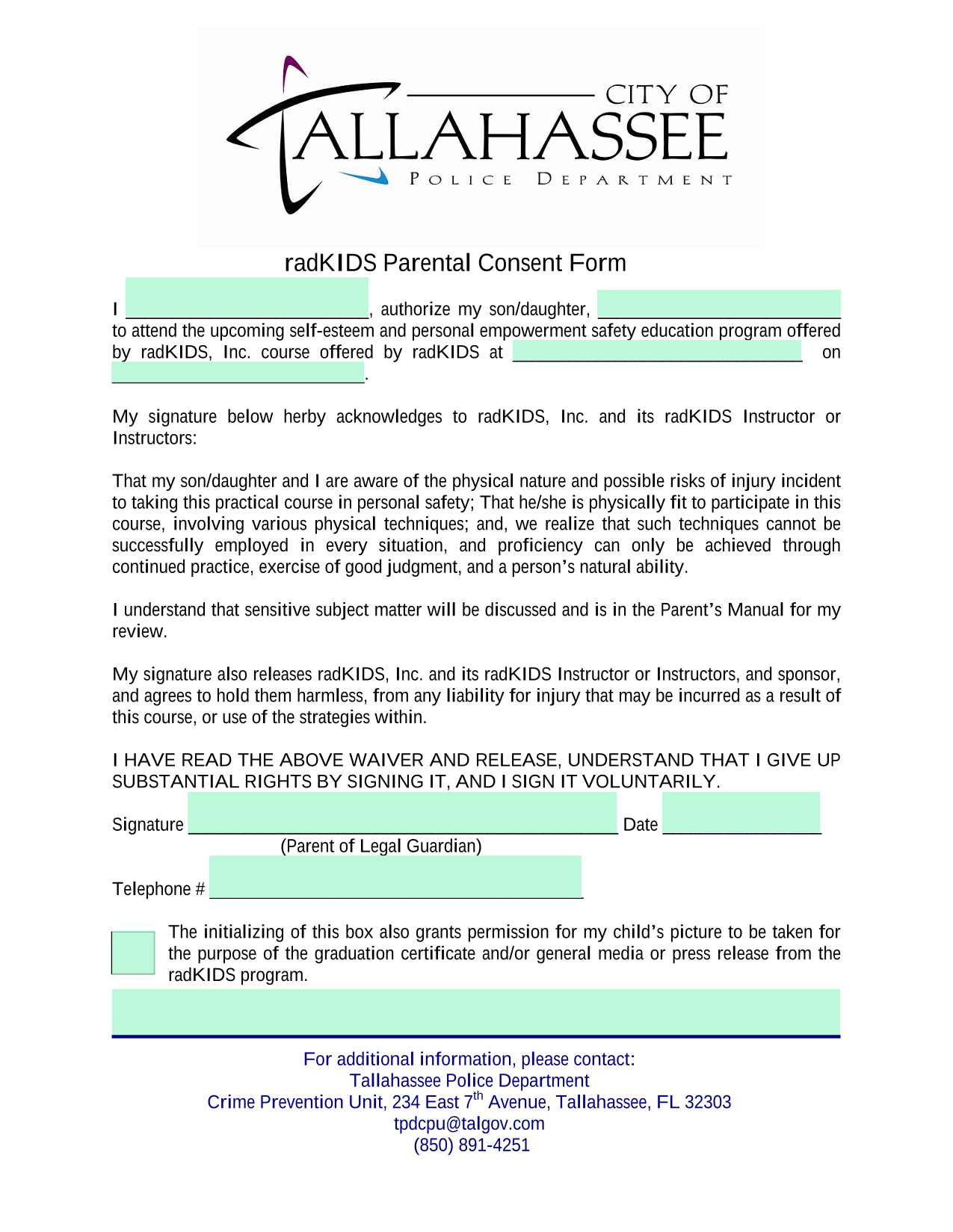 RadKIDS Parental Consent Form screenshot