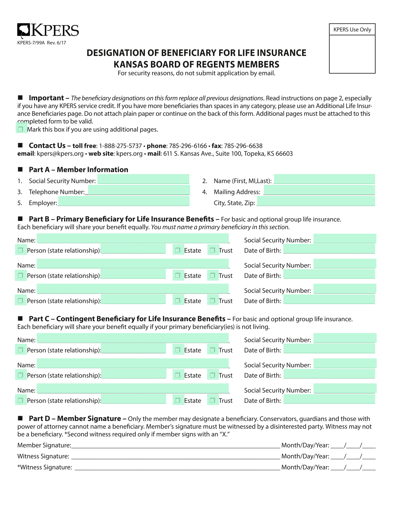 DESIGNATION OF BENEFICIARY FOR LIFE INSURANCE KANSAS BOARD OF REGENTS MEMBERS screenshot