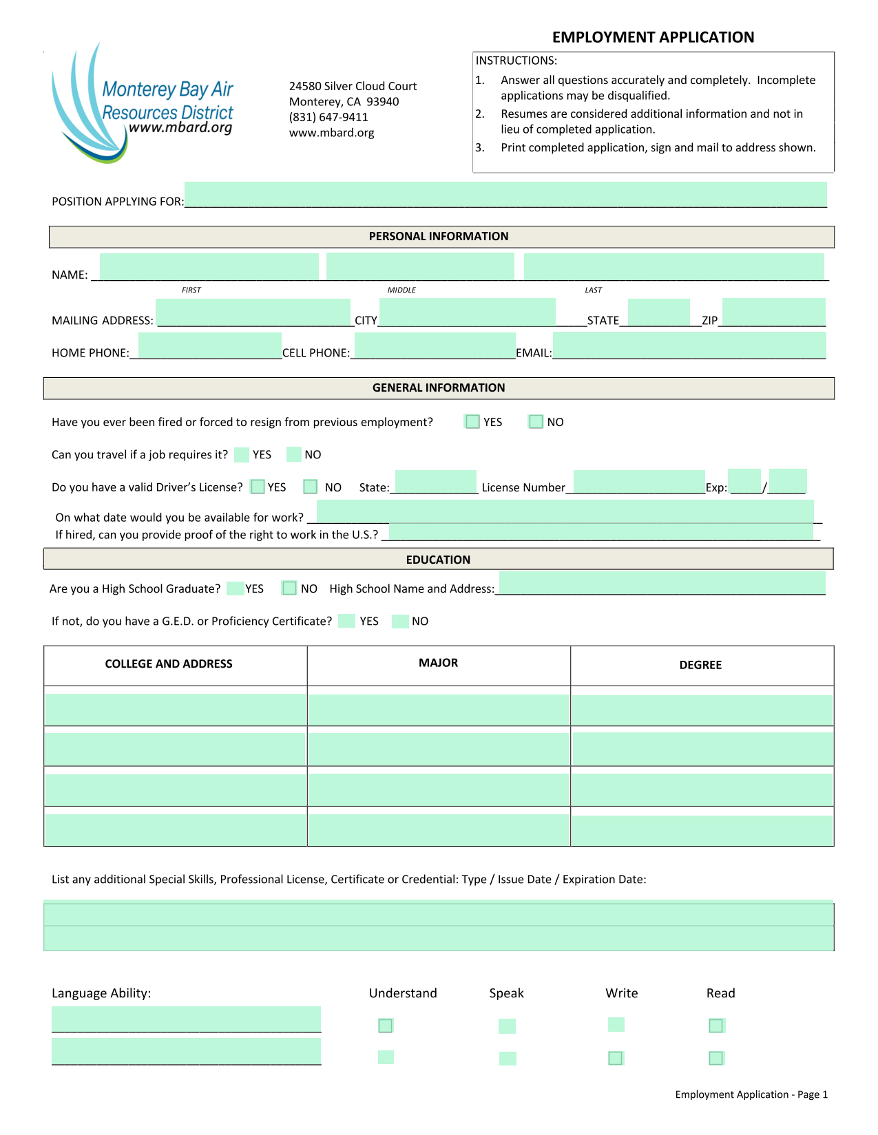 Employment Application screenshot