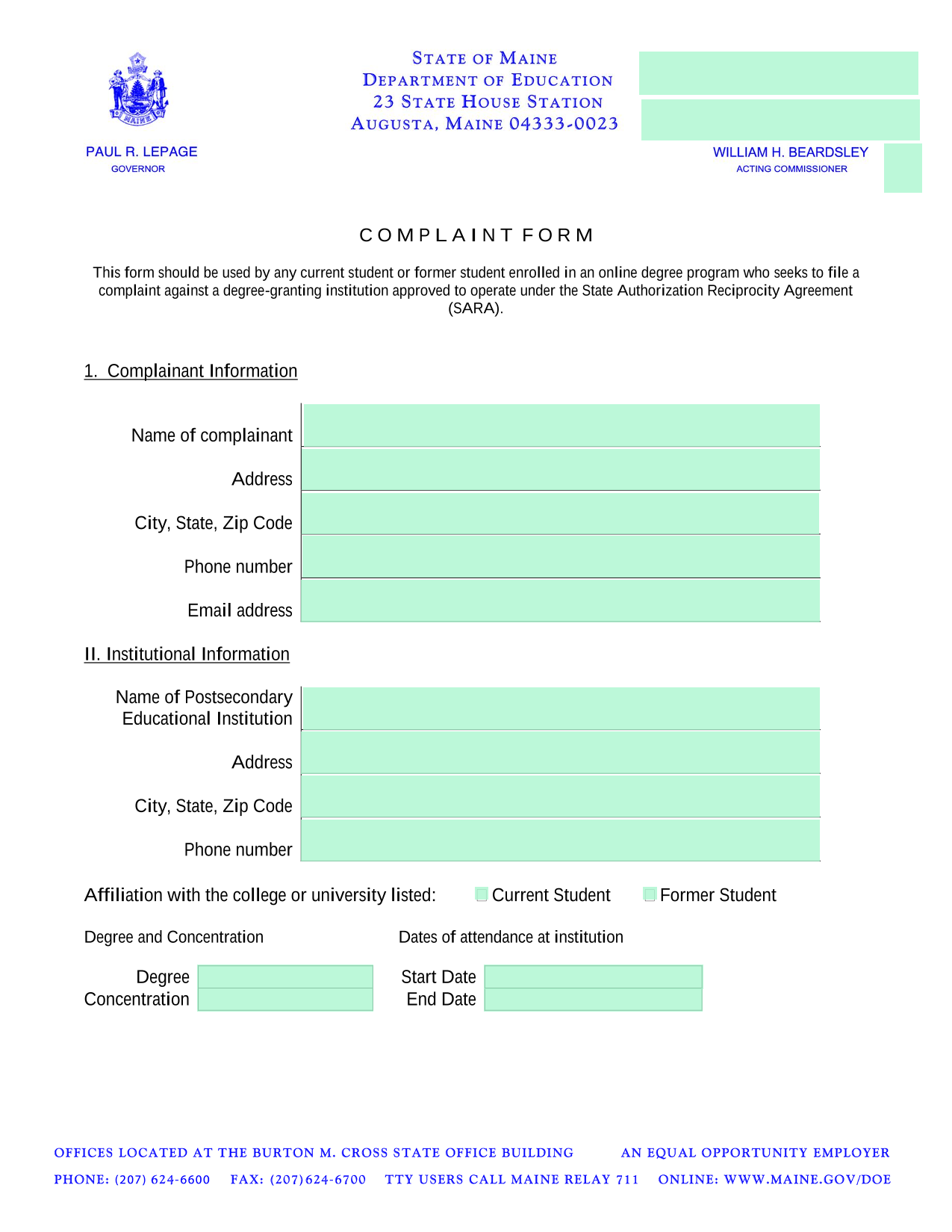 Complaint Form screenshot