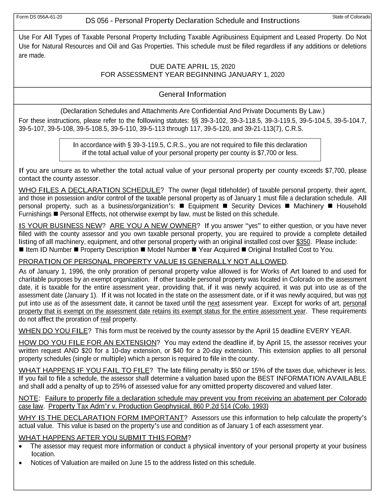 DS 056   Personal Property Declaration Schedule And Instructions screenshot