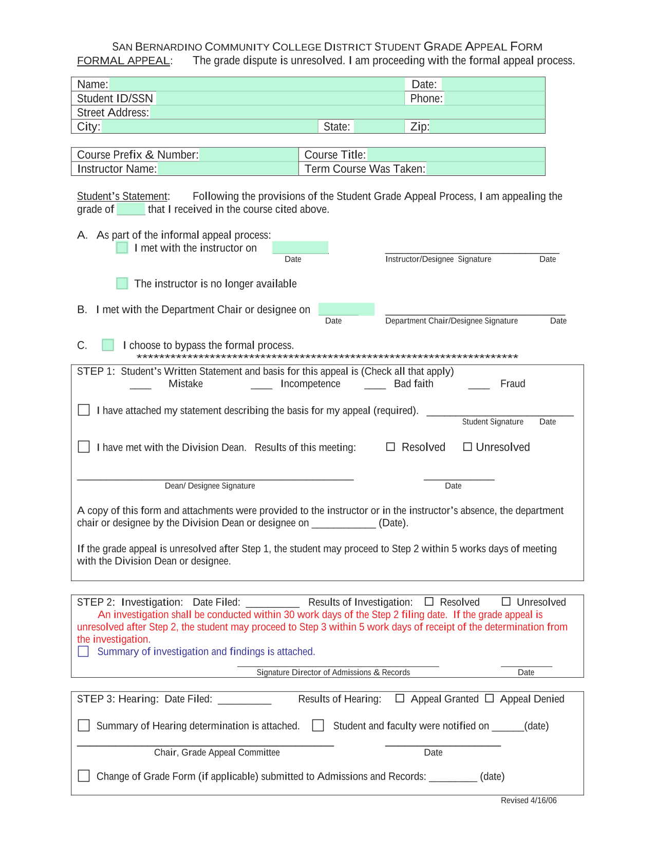 SAN BERNARDINO COMMUNITY COLLEGE DISTRICT STUDENT GRADE APPEAL FORM screenshot