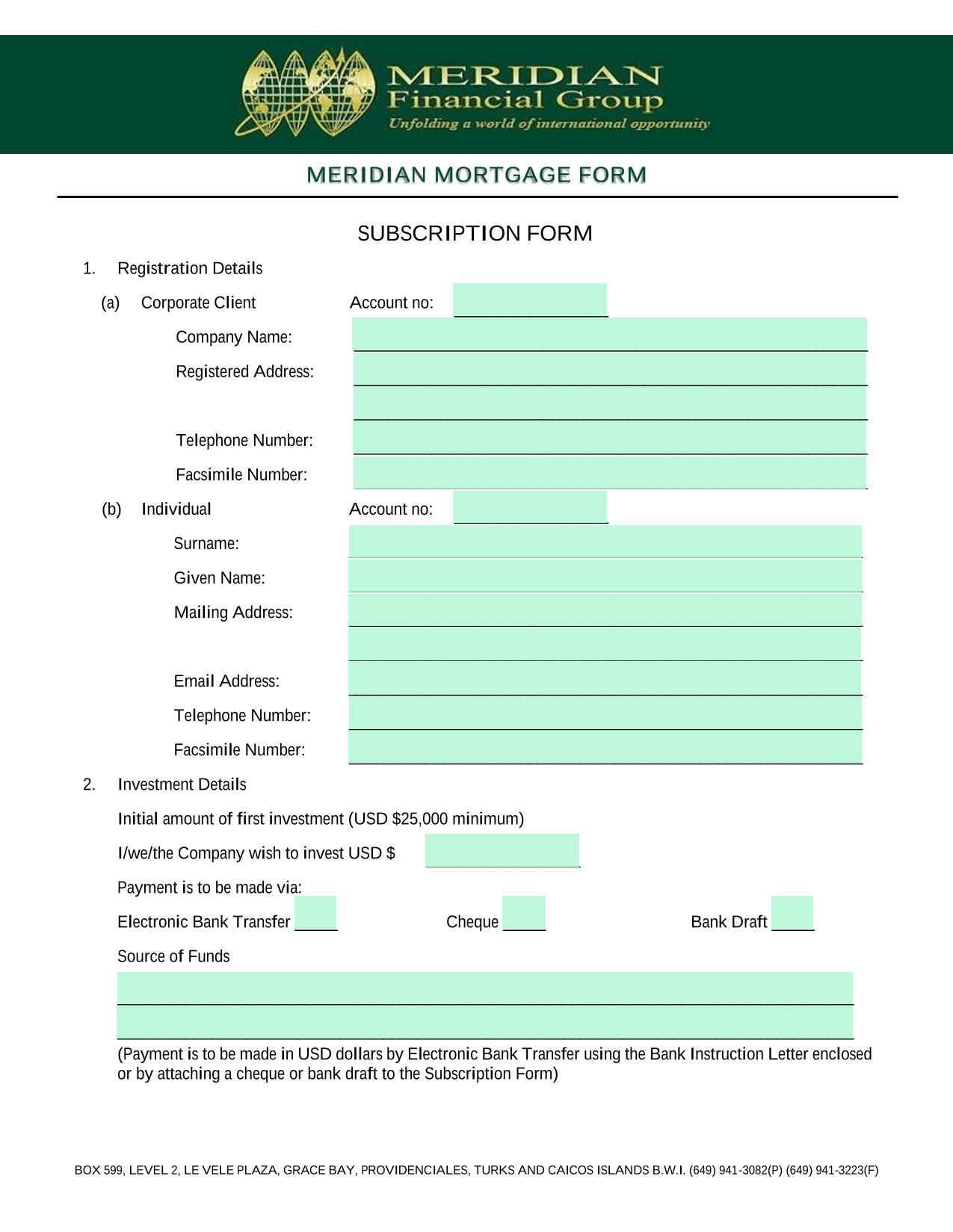 Meridian Mortgage Subscription Form screenshot