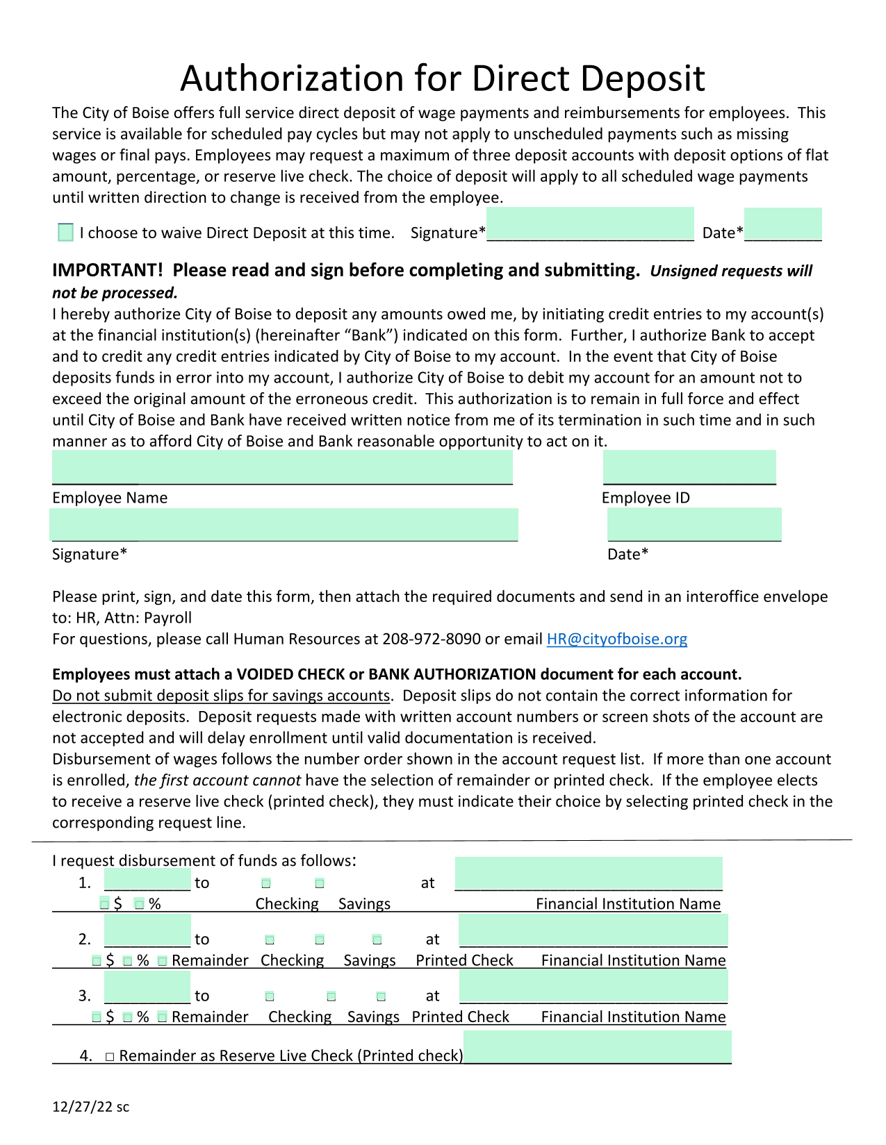 Authorization For Direct Deposit screenshot