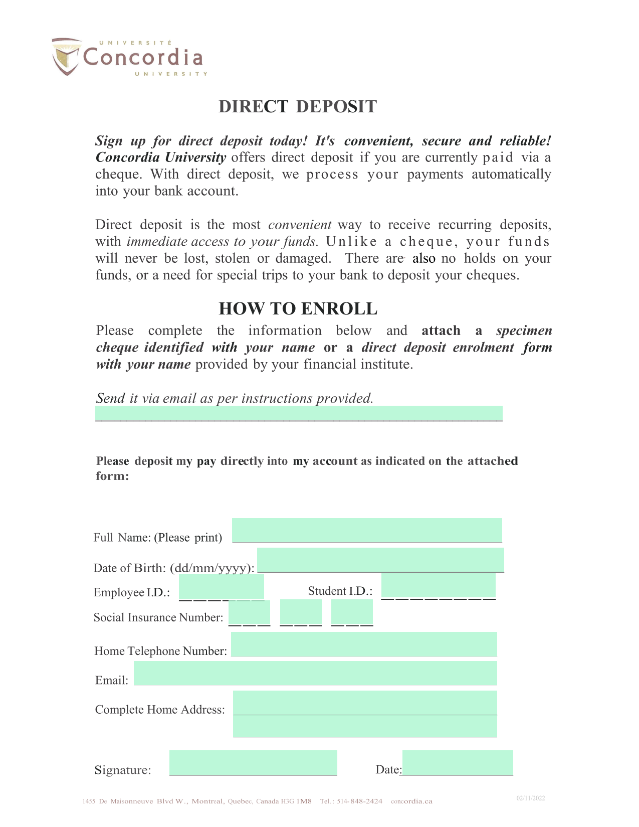Direct Deposit Enrollment Form screenshot