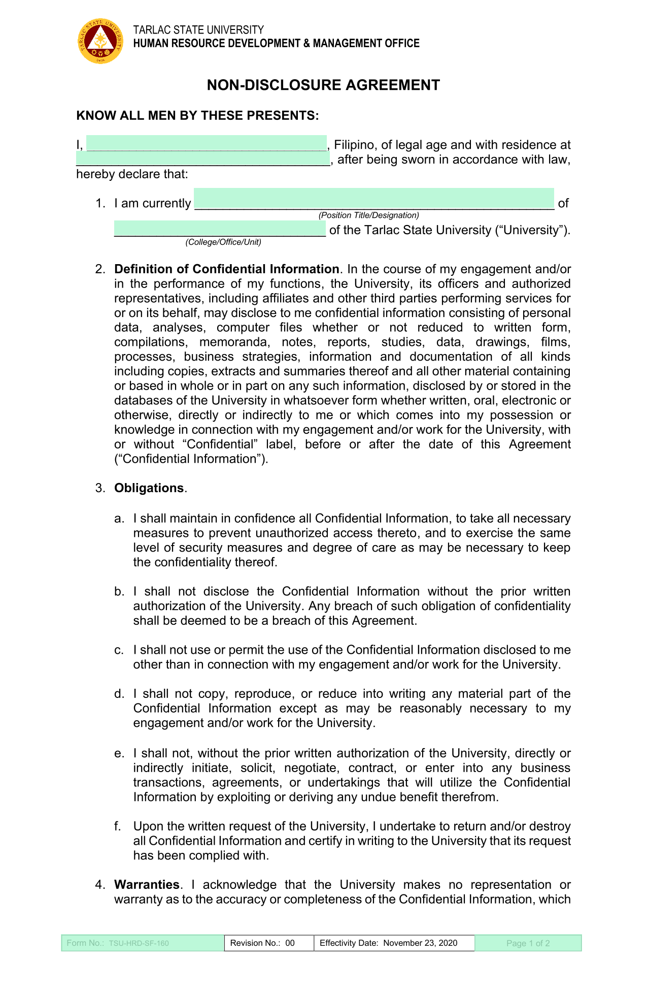 Non Disclosure Agreement screenshot