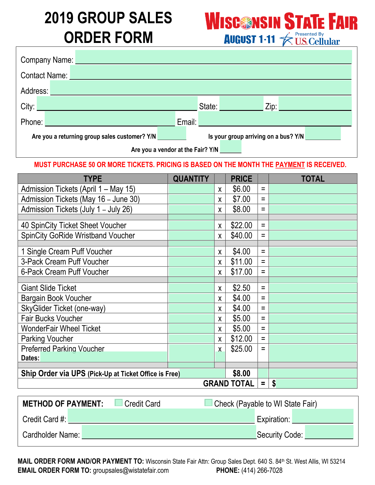 2019 GROUP SALES ORDER FORM screenshot
