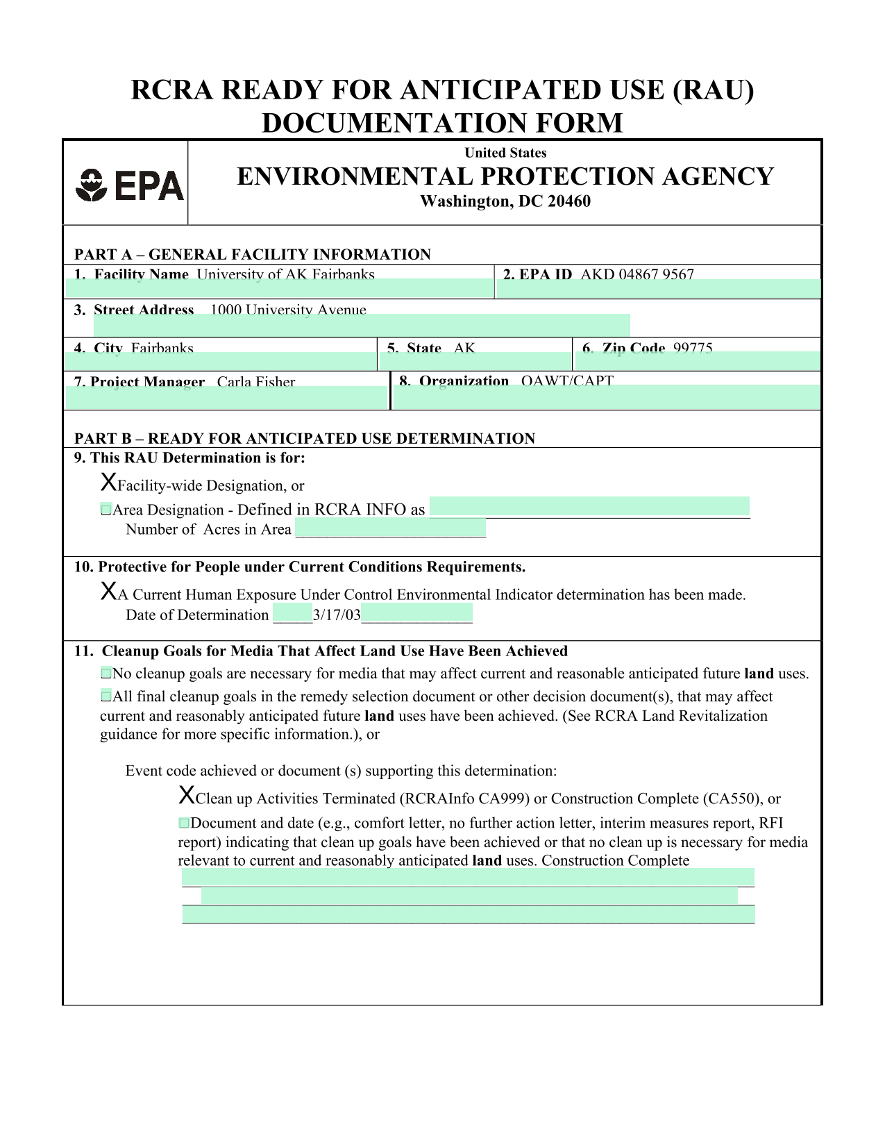 RCRA Ready For Anticipated Use (RAU) Documentation Form screenshot