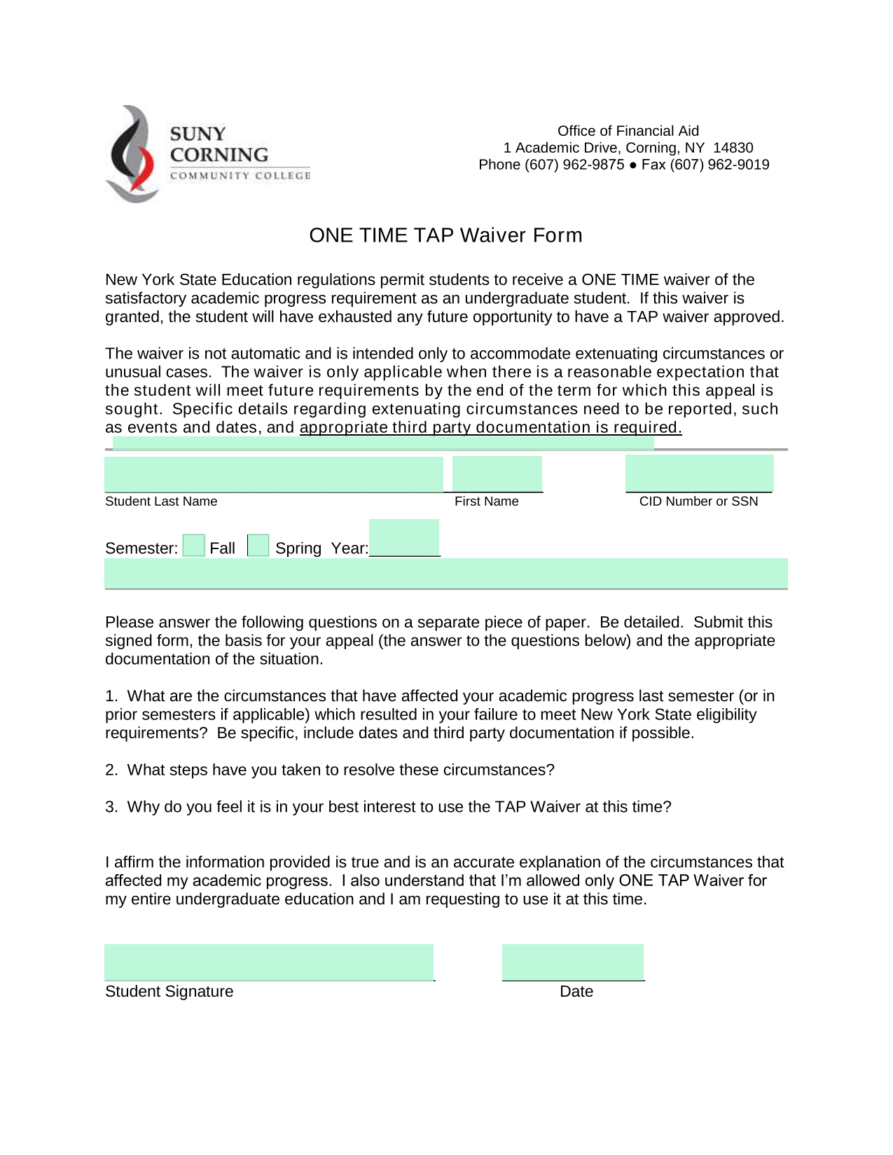 ONE TIME TAP Waiver Form screenshot