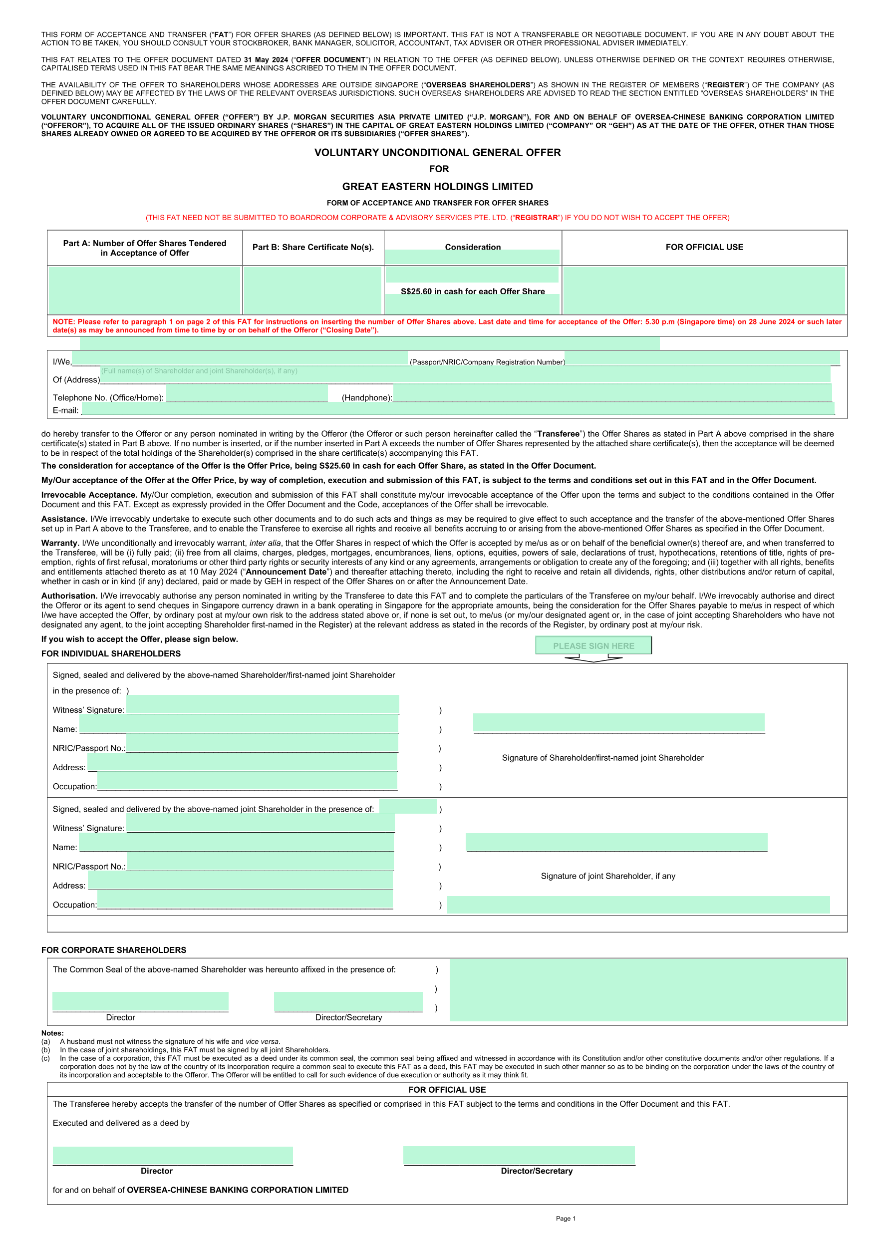Form Of Acceptance And Transfer For Offer Shares screenshot