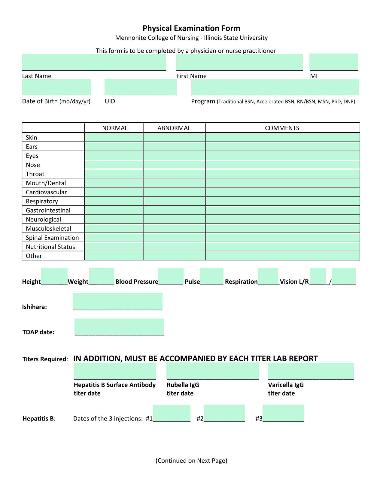 Physical Examination Form screenshot