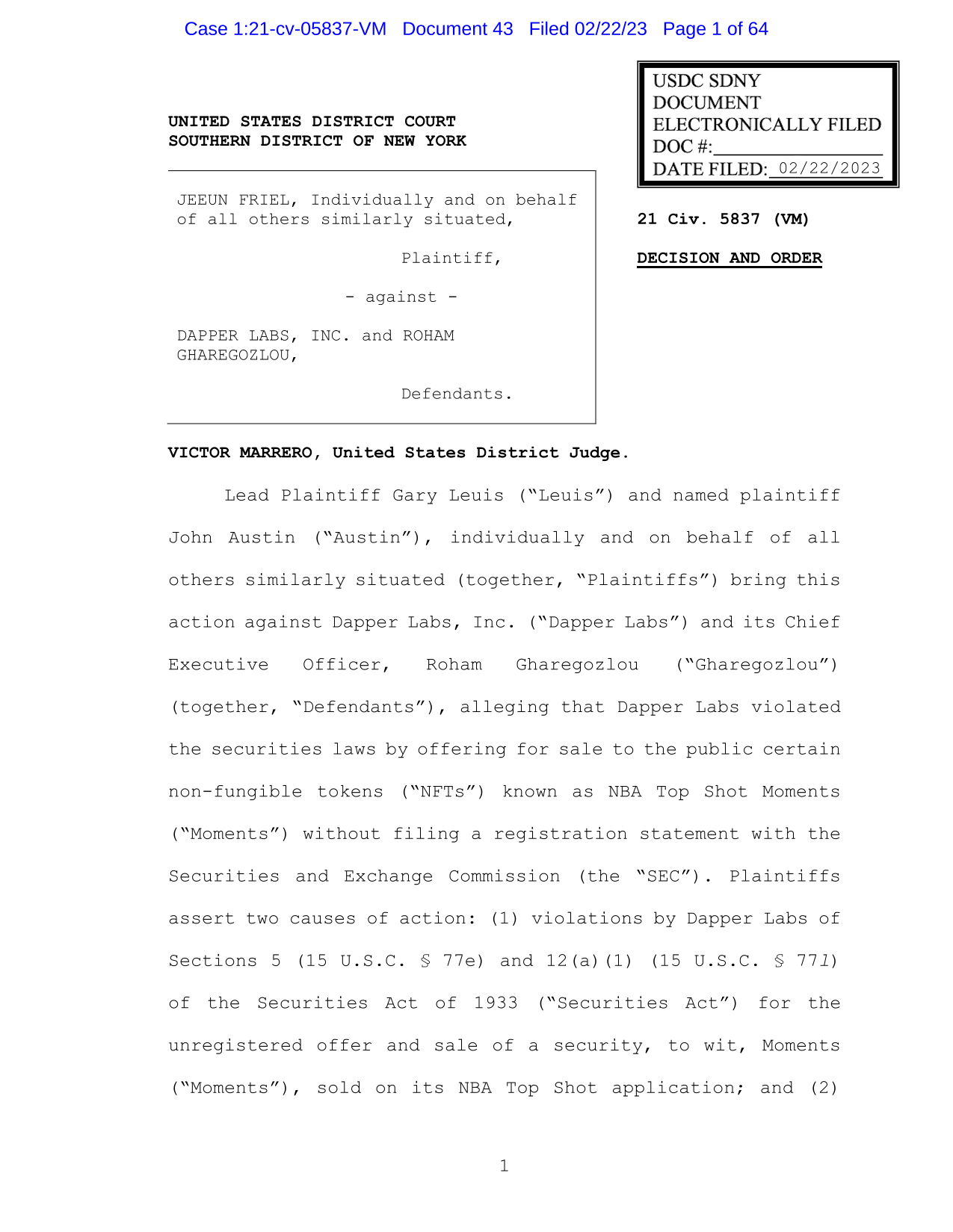Friel V. Dapper Labs, Inc. Et Al screenshot