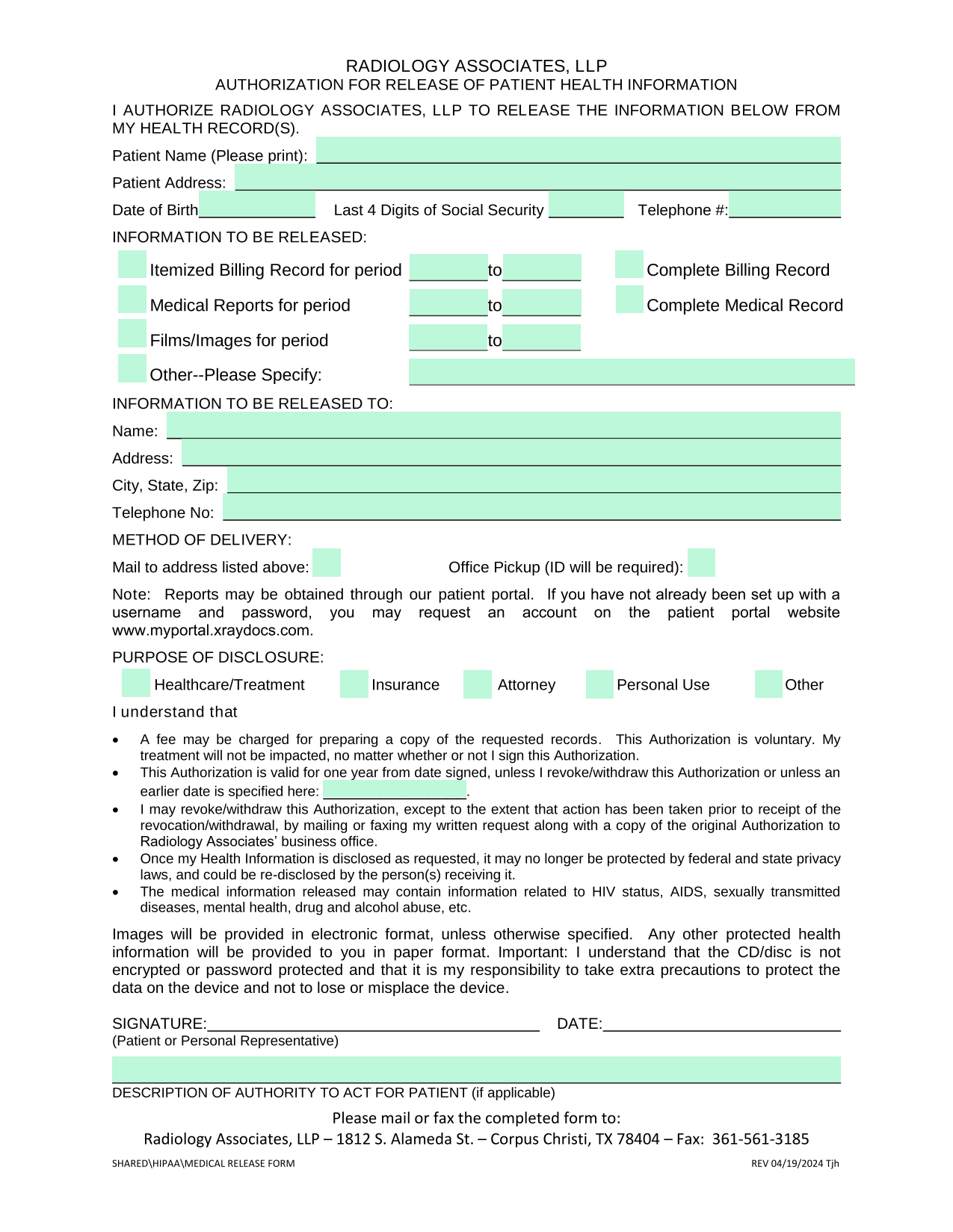 Authorization For Release Of Patient Health Information screenshot
