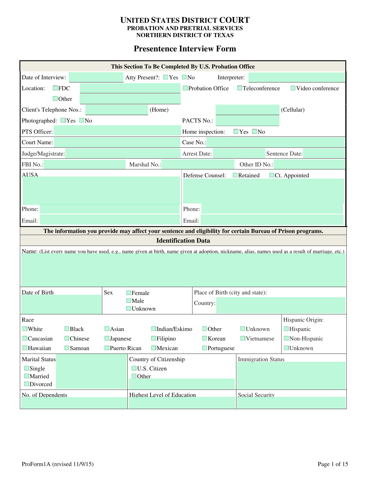 Presentence Interview Form screenshot