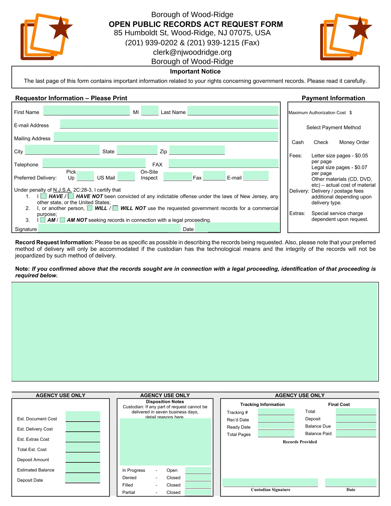 OPEN PUBLIC RECORDS ACT REQUEST FORM screenshot