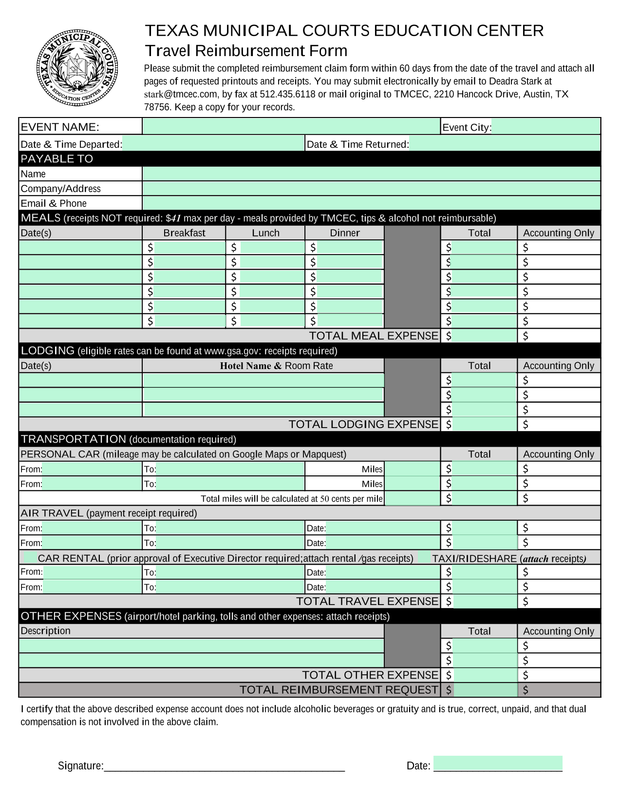 Travel Reimbursement Form screenshot