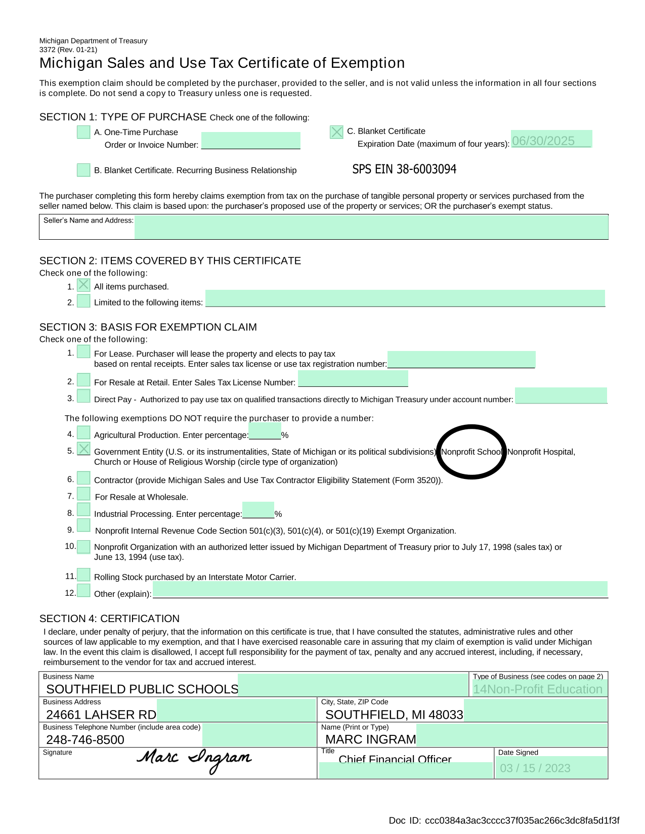 Michigan Sales And Use Tax Certificate Of Exemption screenshot