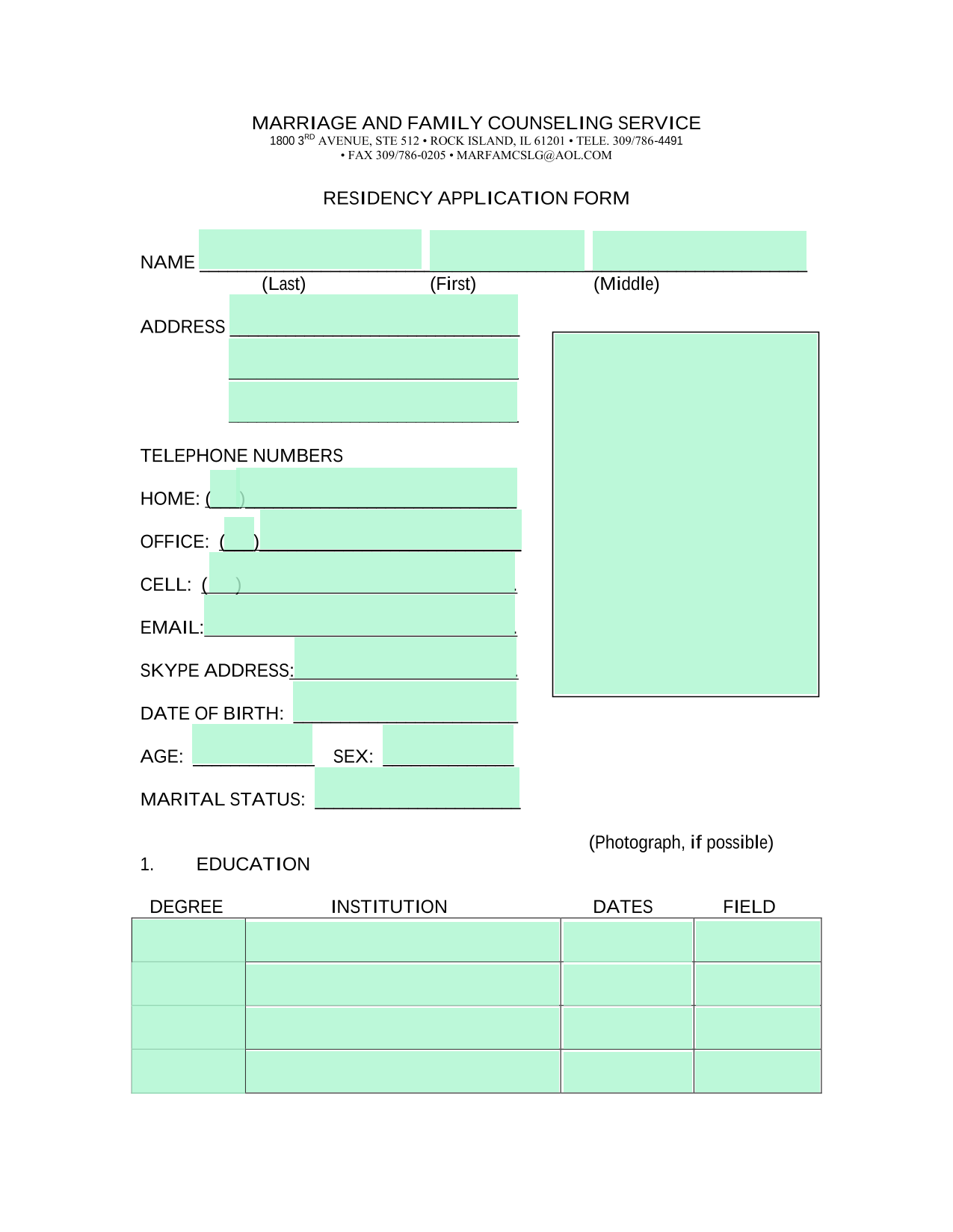RESIDENCY APPLICATION FORM screenshot