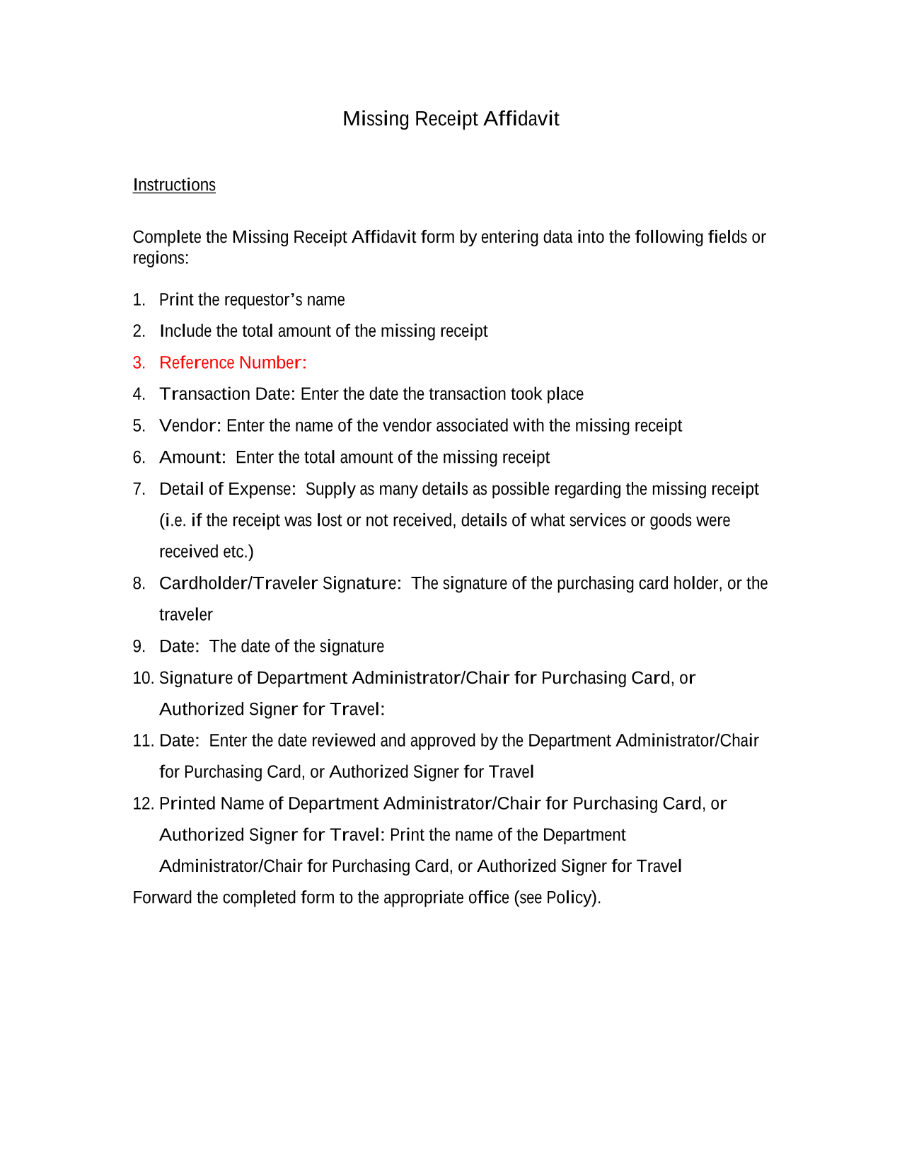 Missing Receipt Affidavit screenshot