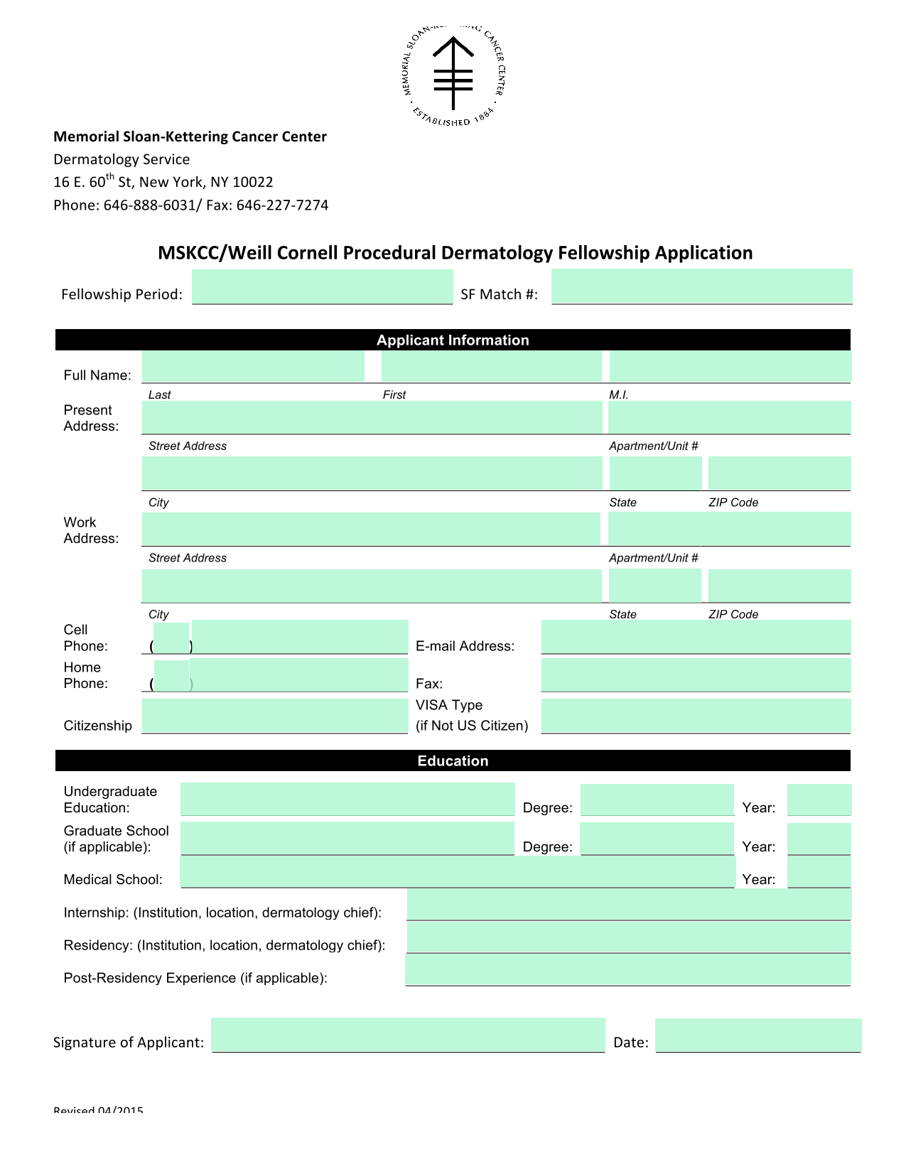MSKCCWeill Cornell Procedural Dermatology Fellowship Application screenshot