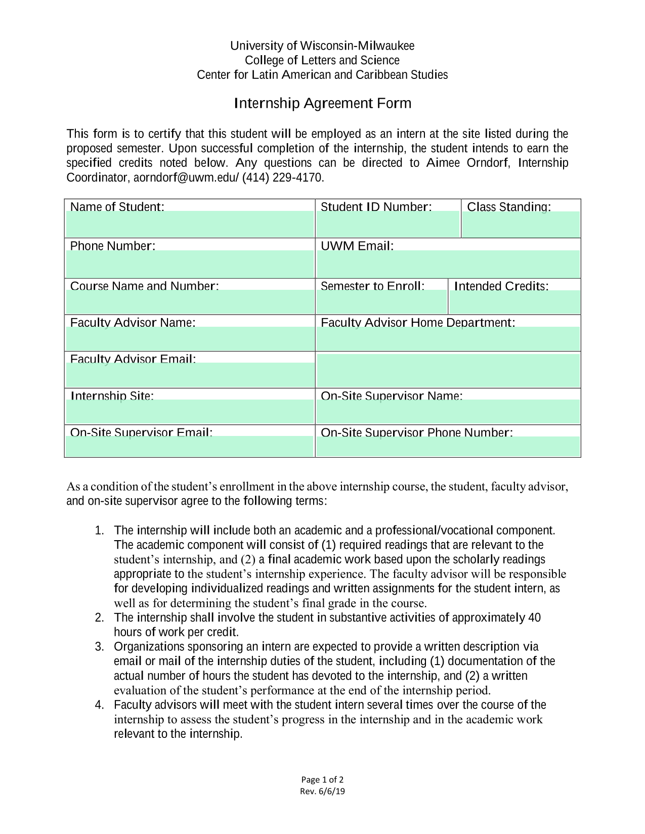 Internship Agreement Form screenshot