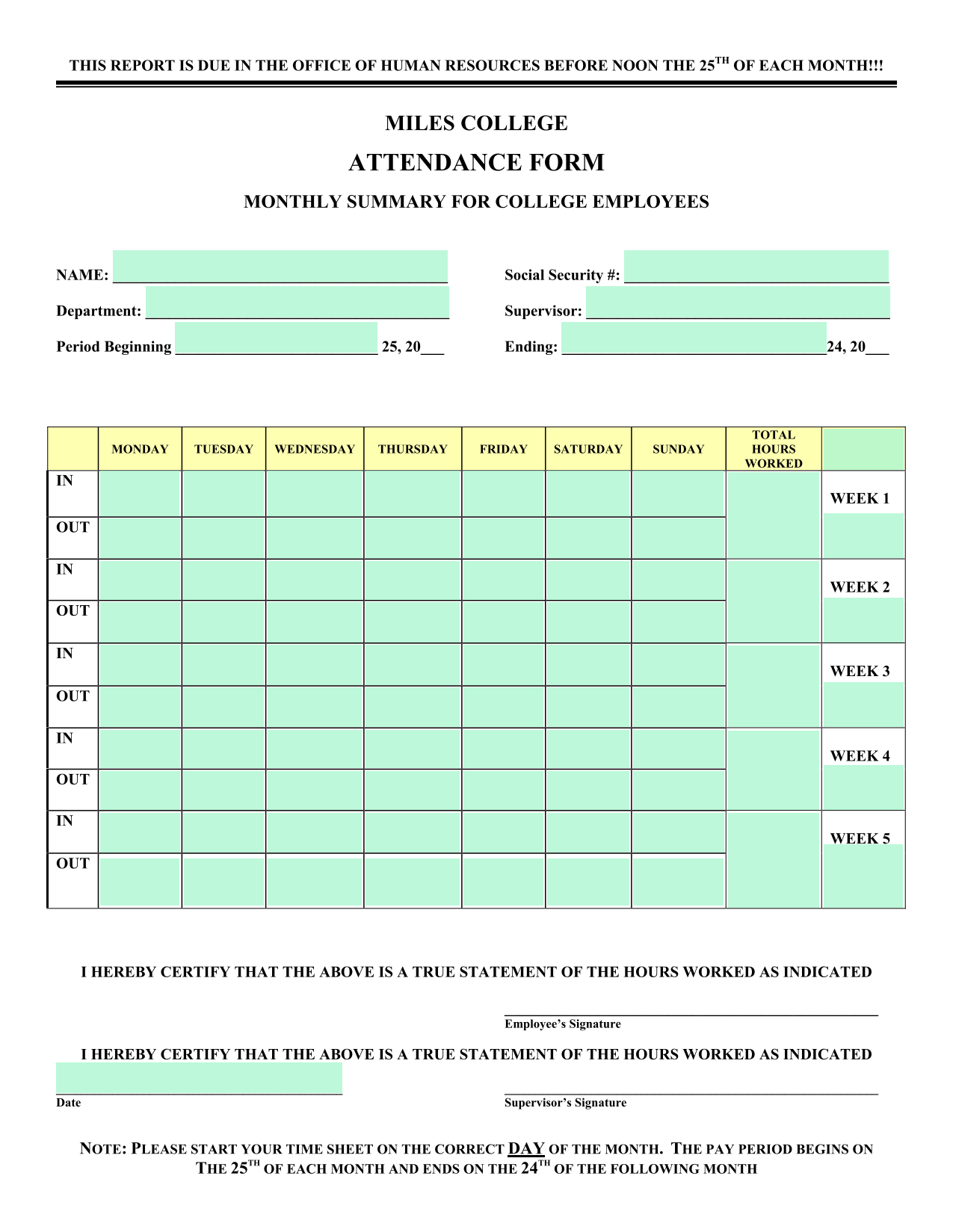 Miles College Attendance Form screenshot