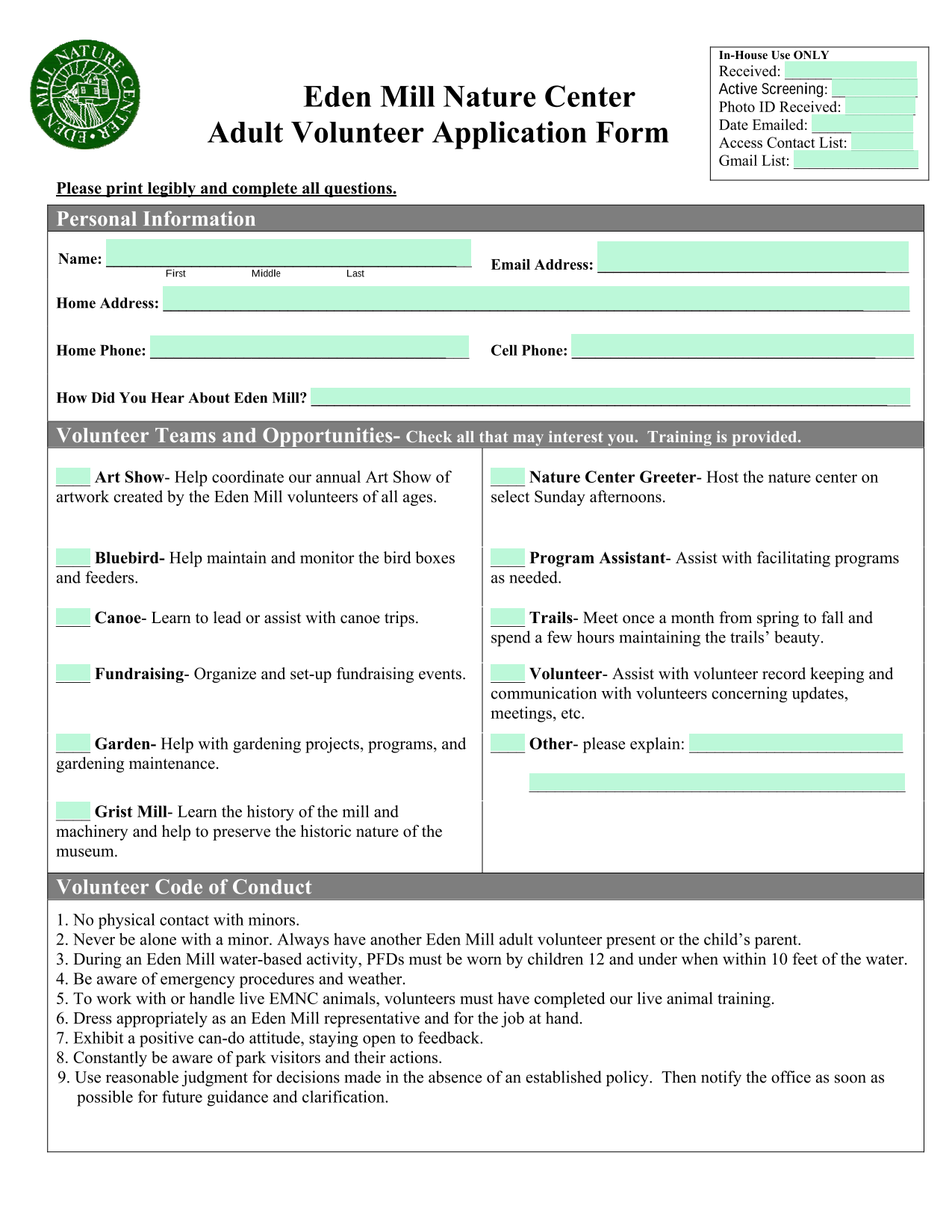 Eden Mill Nature Center Adult Volunteer Application Form screenshot