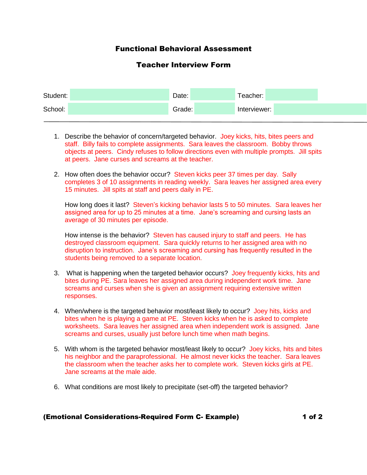 Functional Behavioral Assessment Teacher Interview Form screenshot